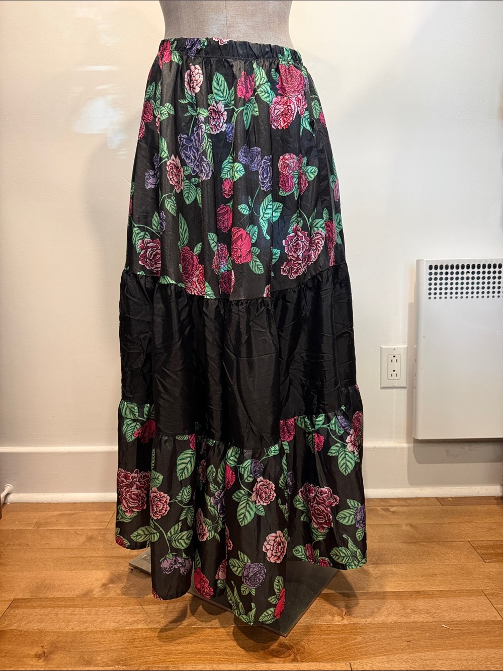 Black Floral Tiered Maxi Skirt - Pink & Purple Rose Print